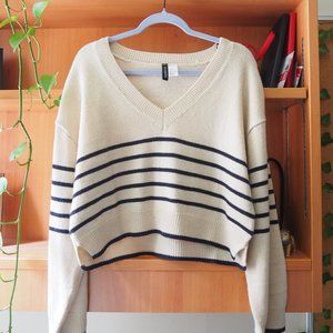 H&M Beige Striped V-Neck Sweater